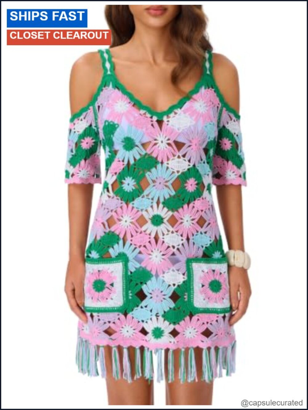 Crochet Cold Shoulder Cover Up Boho Dress with Pockets